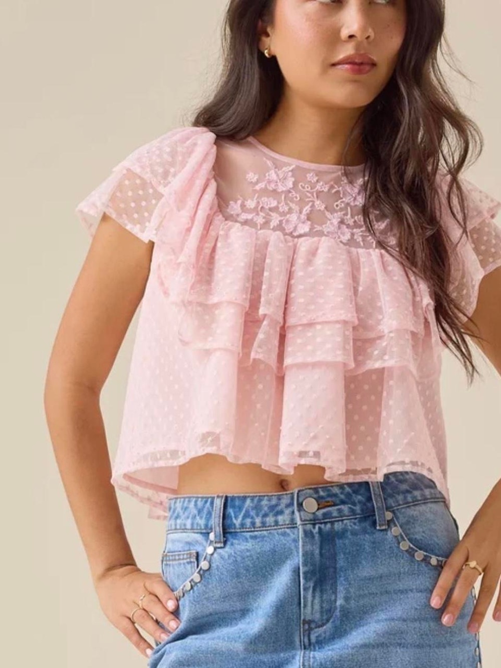 Altar'd State Pink Swiss Dot Layered Ruffle Blouse - Picture 2 of 6